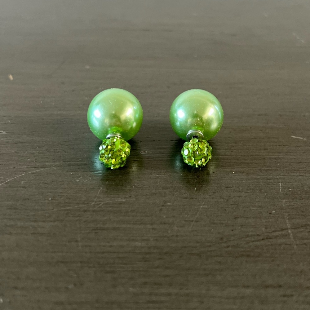 Bright Green Rhinestone Post + Pearl Double Sided Back Interchangeable Earrings